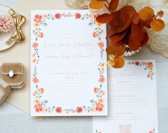 Burnt Orange Floral Wedding Invitations for Autumn Wedding | Autumn Wedding Invitation Set Burnt Orange