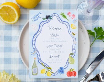 Illustrated Wedding Menu Blue, Hand Painted Wedding Menu Italian Style, Hand Drawn Wedding Menu Illustrated, Italian Wedding Menu Card