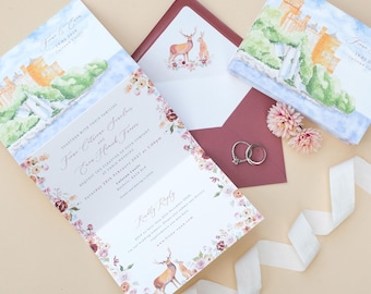 Concertina Wedding Invitations Double Sided, Castle Wedding Invitations, Z Fold Wedding Invite, Scottish Wedding Invitation