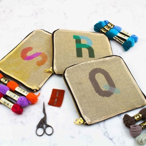 Modern Needlepoint Bag Kit Genuine Leather Clutch - Custom Monogram Cosmetic Case Tapestry Kit