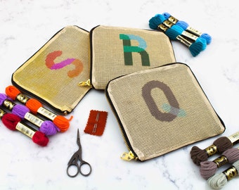 Modern Needlepoint Bag Kit Genuine Leather Clutch - Custom Monogram Cosmetic Case Tapestry Kit