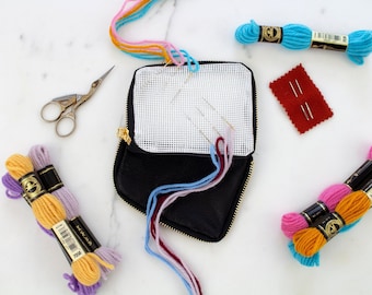 Kit per portafoglio a punto croce vuoto da 4,25" x 5", tela a punto croce personalizzabile, vera pelle