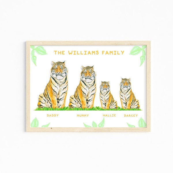 Tiger Family Print, Personalised Animal Families, Family Names Print, Father's Day Gift