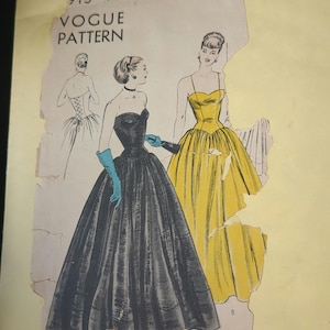 1946 Vogue 5915 Evening Dress Vintage Unprinted Pattern Size 14 Bust 32