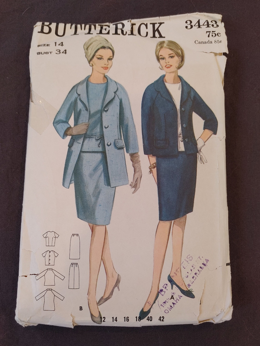 1960s Butterick 3443 Three Piece Suit Vintage Pattern Miss Size 14 Bust ...