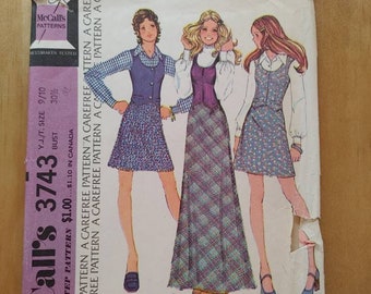 McCall's 3743 ©1973 Young Junior/Teen Vest and Skirt Vintage Pattern Size Y/J/T 9/10 Bust 30.5