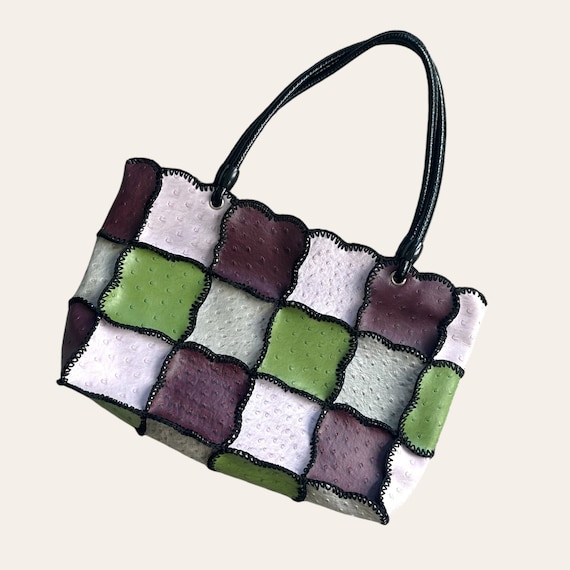 Y2K Patchwork Leather Tote Purple Green Black