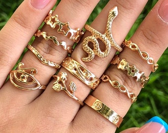 11 pcs Gold Ring Set, Rings Snake, Rings Sets For Women, Assorted Rings, Gold Plated Ring Set, Pack of Rings, Star Ring, Bohemian Rings