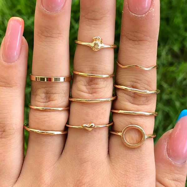 11 pcs Dainty Ring, Stackable Rings, Minimalist Ring Set, Gold Ring Set, Knuckle Rings, Thin Gold Ring, Trendy Jewellery, Wave Ring