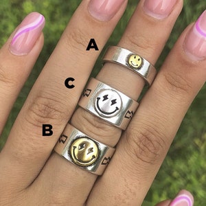 Rings for Men, Statement Rings, Smiley Face Ring, Happy Face Ring, Adjustable Rings, Star Ring, 925 Sterling Silver Ring, Smiley Ring, Light