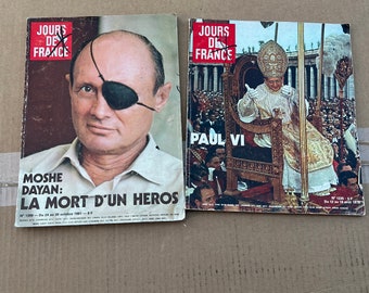 Lot de 2 magazines Jours de France Moshe Dayan 1981, Paul VI 1978