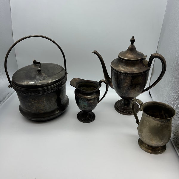 Set of 4 Vintage Rogers Silver Plated Coffee/Tea Pot Creamer Mug Ice Bucket