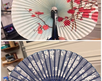 Lot of 2 VTG Folding Fan People's Republic of China, Hand Held Fabric Floral Fan Blue