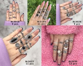 Antique Stackable Knuckle Hippie Boho Gothic Rings, Silver Ring Set, Lotus Elephant Moonstone Black Onyx Witchy Dainty Cute Midi Ring