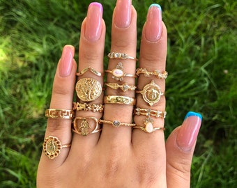 15 pcs Midi Ring, Rings for Women, Gold Ring Set, Antique Rings, Chevron Ring, Fatima Hand Ring, Knuckle Ring, Moonstone Ring