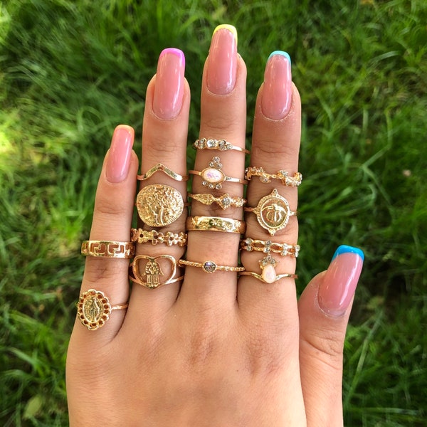 15 pcs Midi Ring, Rings for Women, Gold Ring Set, Antique Rings, Chevron Ring, Fatima Hand Ring, Knuckle Ring, Moonstone Ring