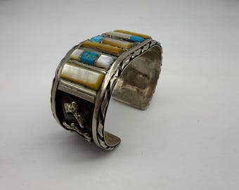 ヴィンテージ ズニ族 ターコイズ象嵌 スターリングシルバー カフ