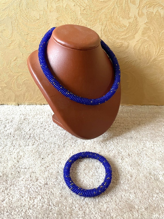 Vintage african blue beaded necklace and bangle s… - image 5