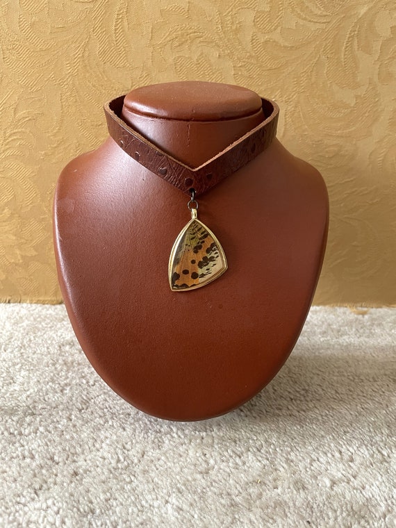 Vintage leather butterfly wing choker necklace 90… - image 3