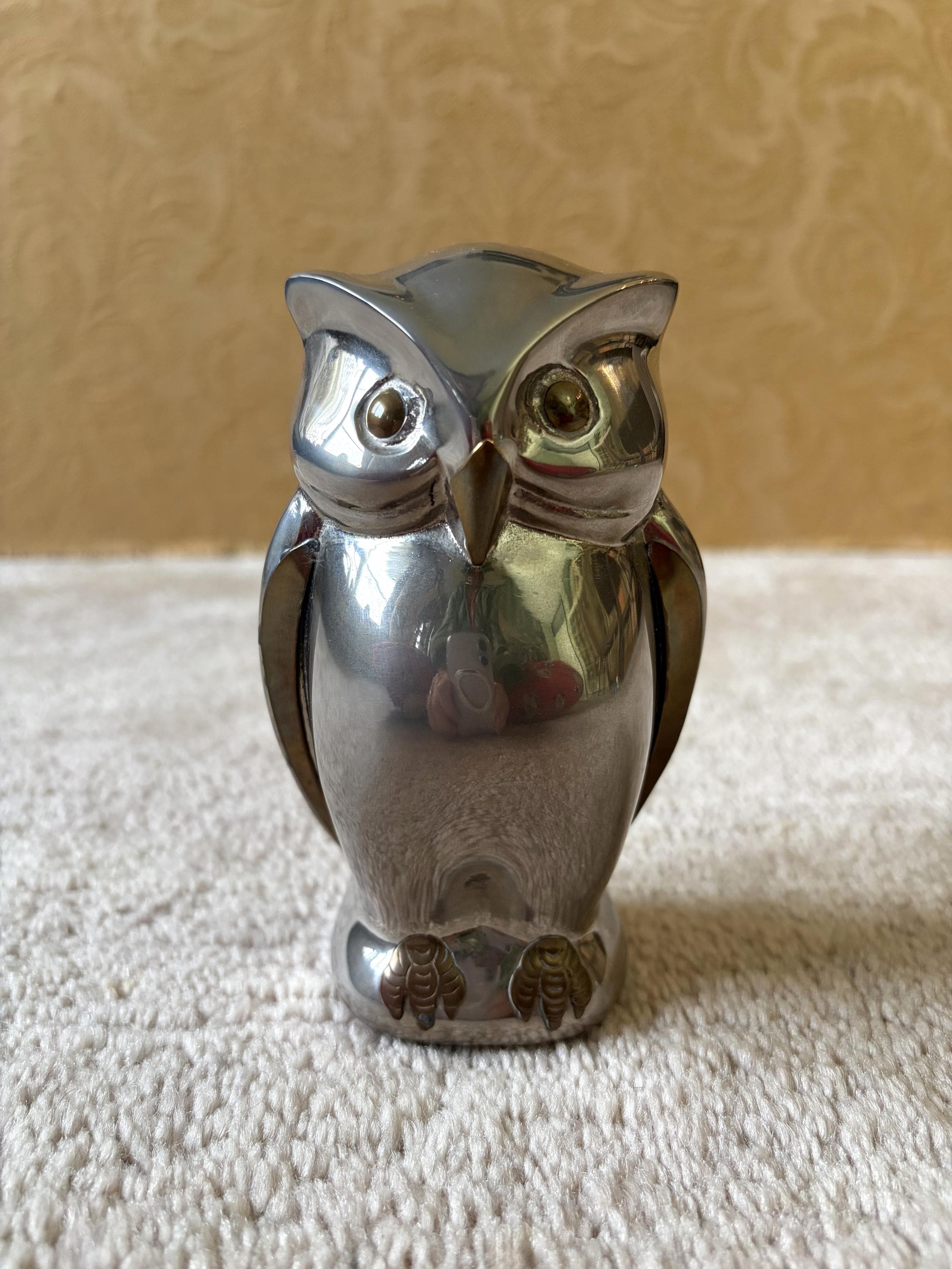 Vintage mid century owl figure sculpture figurine brass metal shiny retro decor animal bird ornament