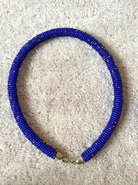 Vintage african blue beaded necklace and bangle s… - image 9