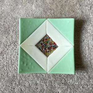 Vintage glass bowl square multicolor mint green cottagecore retro design plate fused art tray rainbow tableware kitchenware