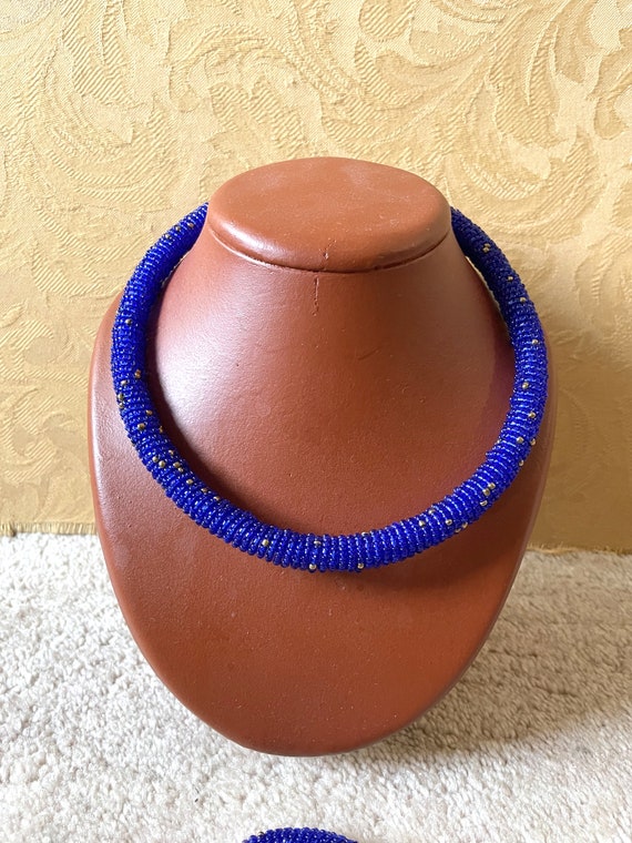 Vintage african blue beaded necklace and bangle s… - image 4