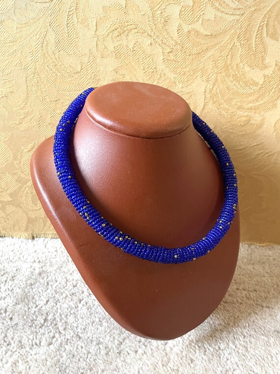 Vintage african blue beaded necklace and bangle s… - image 7