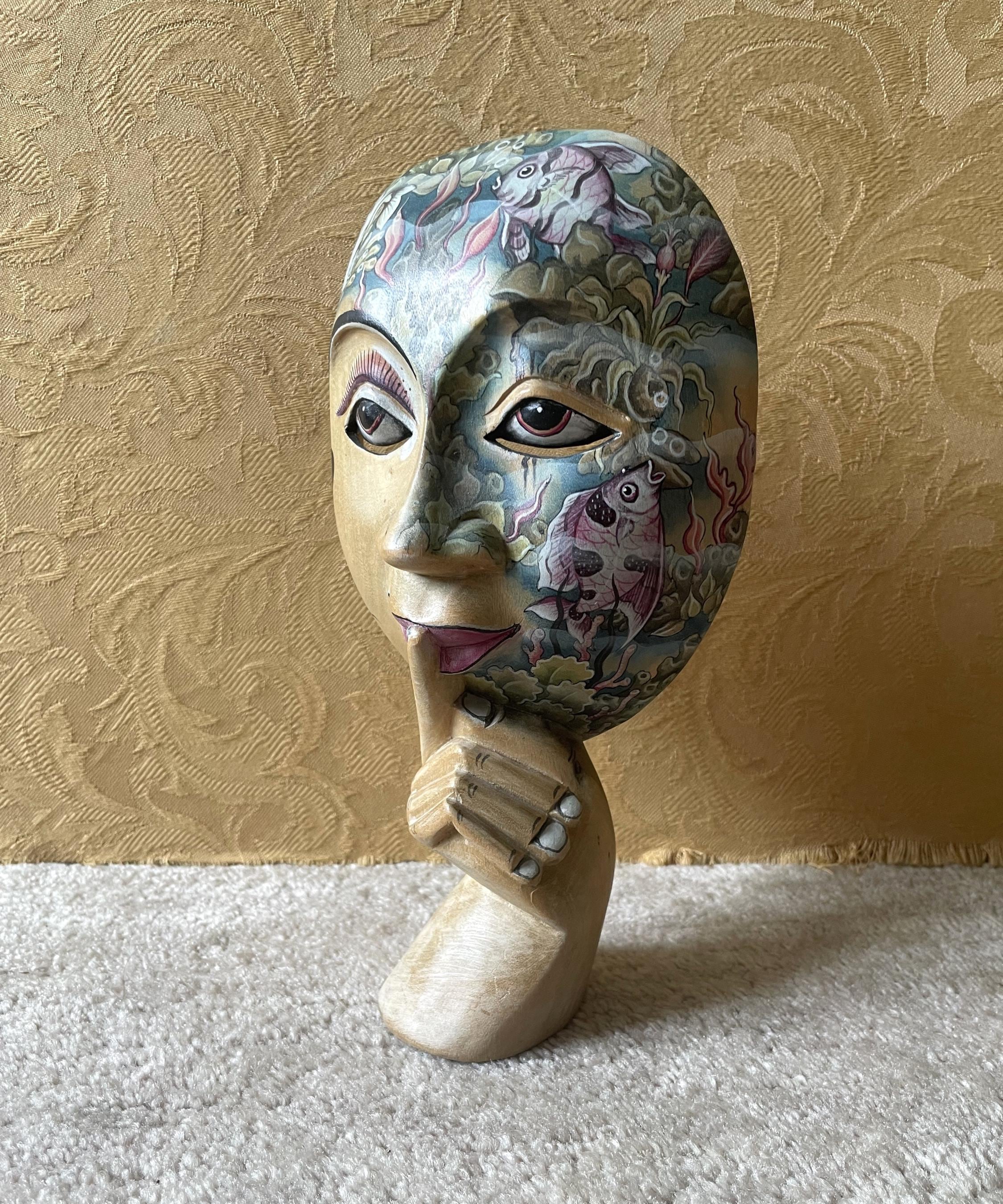 Maschera Decorativa In Legno Di Bali - 30 Cm Per Parete, Artigianale E Dipinta A Mano