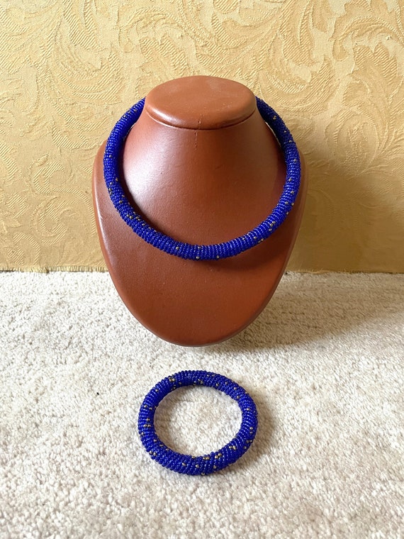 Vintage african blue beaded necklace and bangle s… - image 1