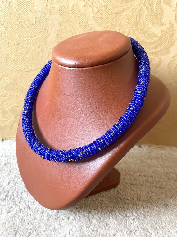 Vintage african blue beaded necklace and bangle s… - image 6