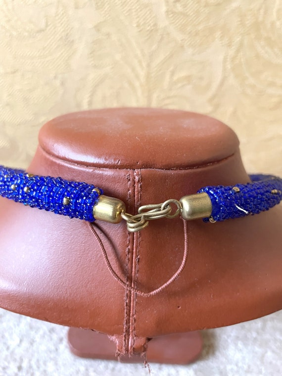 Vintage african blue beaded necklace and bangle s… - image 8