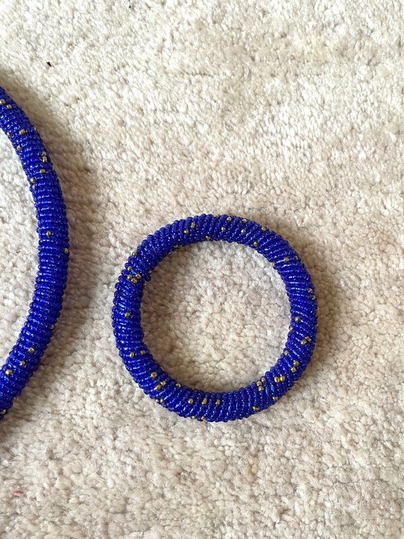 Vintage african blue beaded necklace and bangle s… - image 10
