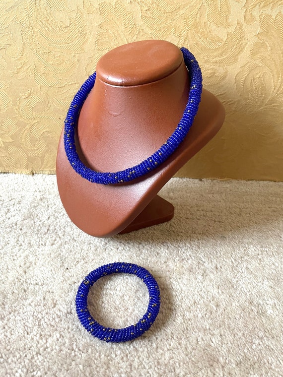 Vintage african blue beaded necklace and bangle s… - image 3