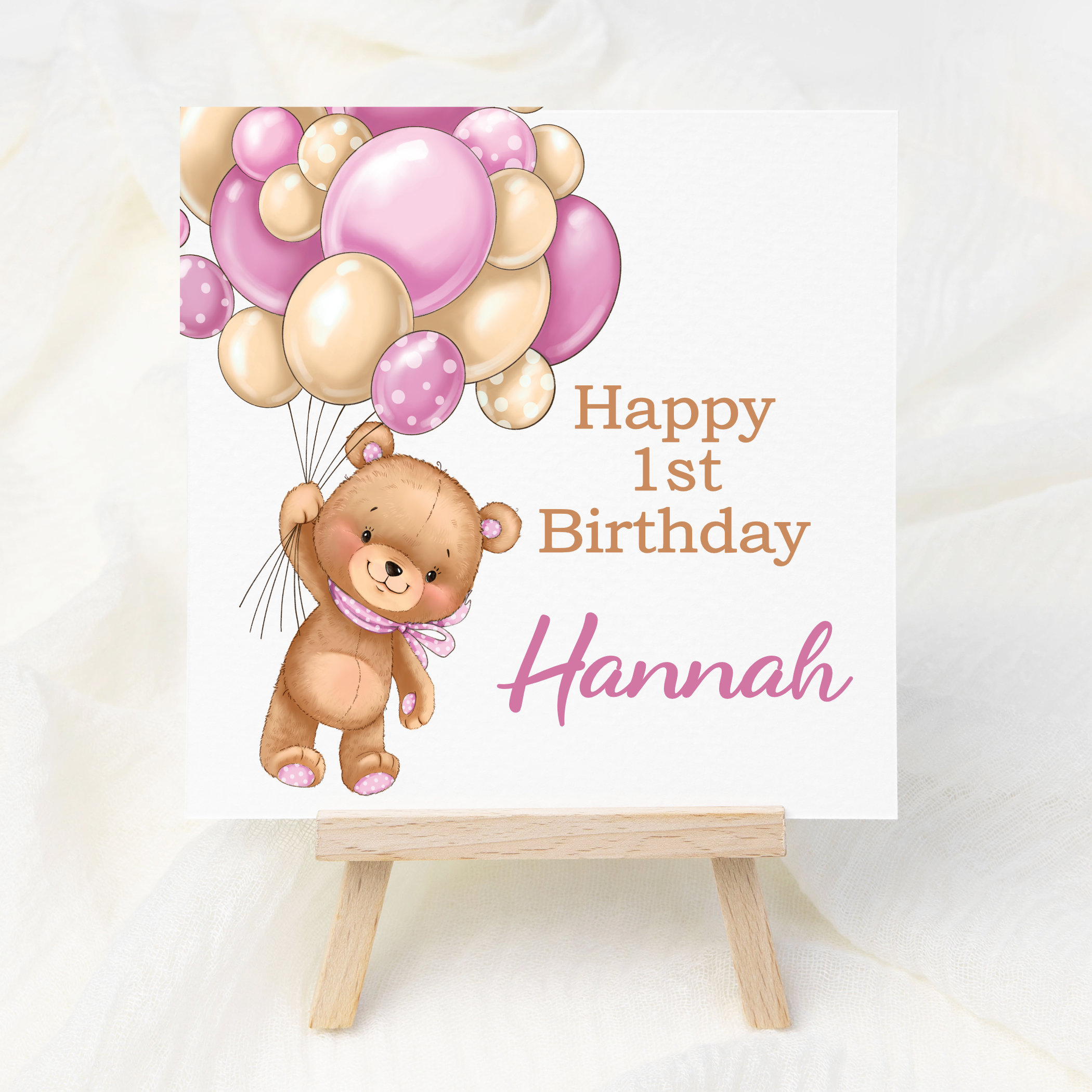 1st Birthday Card, First Birthday Card, for a Girl, Teddy Bear Birthday