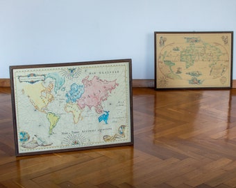 Vintage gerahmte Weltkarte | Mid-Century Wandbild
