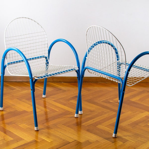 Mid-century Modern Garden Chairs | Retro Modern Side Chair | Vintage Blue White Metal Stool | 70's Pop Art Stools | Modernist Memphis Design