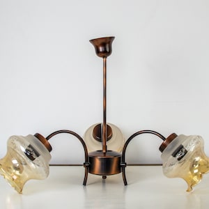 Mid-century Chandelier | Vintage Glass Ceiling Lamp | 70&#39;s Lighting | Three Arms Hanging Lamp | Vintage Pendant Light | Mid-century Lighting