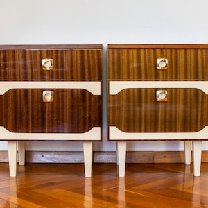 A pair of Nightstands | Retro Modern Nightstands | Mid-century Polished Bedside Table | 70’s Vintage Furniture | Yugoslavian Console Table