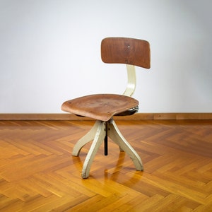 Vintage Wooden Swivel Chairs | Mid-century Modern Office Chair | 50&#39;s Adjustable Desk Stool | Antique Industrial Factory Stool | Stol Kamnik
