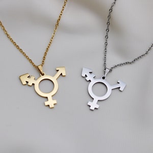 以下が含まれることがあります： トランスジェンダーシンボルのペンダントが付いたネックレスが2本。1本はゴールド、もう1本はシルバーです。