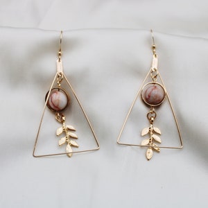 Geometrical Triangle Leaf Crystal Stone | Asymmetric Gold Earrings | Filigree Artsy | marble ball | Minimalist | Elegance | Statement |