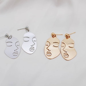 Artsy Face Earrings | Gold Statement | Picasso Abstract Minimalist | Urban | trend | Puristic | Theater Drama | Drop | mask