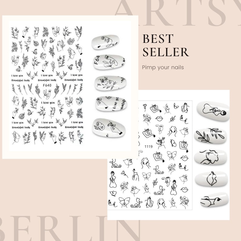 May include: A sheet of black and white nail art stickers with various designs, including flowers, butterflies, faces, and abstract shapes. The stickers are labeled "F640" and "1119".