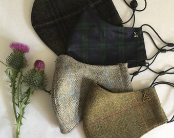 100% Wool Tweed Face Covering Mask - wide or tapered style & ear or head loop options - THE PREMIUM RANGE