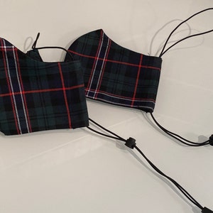 Scottish National ( non wool ) Tartan Face Mask Set - 2 Wide style Adult masks with head loops  - sample sale