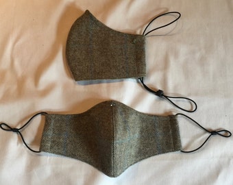 Bespoke 100% Wool English Tweed Face Covering Mask - wide or tapered style / ear or head loops - THE PREMIUM RANGE
