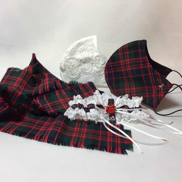 Wedding Set of Brides Satin and Overlay Lace Mask + Grooms Tartan Mask + Matching Tartan Hand-fasting Tie & Tartan and Lace Garter