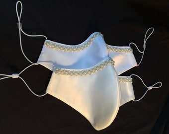 Wide Pearl Bridal Wedding Face Mask - available in white, off white/ivory and cream Duchess Satin