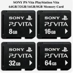 Peut inclure: Quatre cartes mémoire noires Sony PS Vita avec du texte blanc. Les cartes sont étiquetées 8 Go, 16 Go, 32 Go et 64 Go. Les logos Sony et PS Vita sont visibles sur chaque carte. Le texte "SONY PS Vita PlayStation Vita" est en haut.